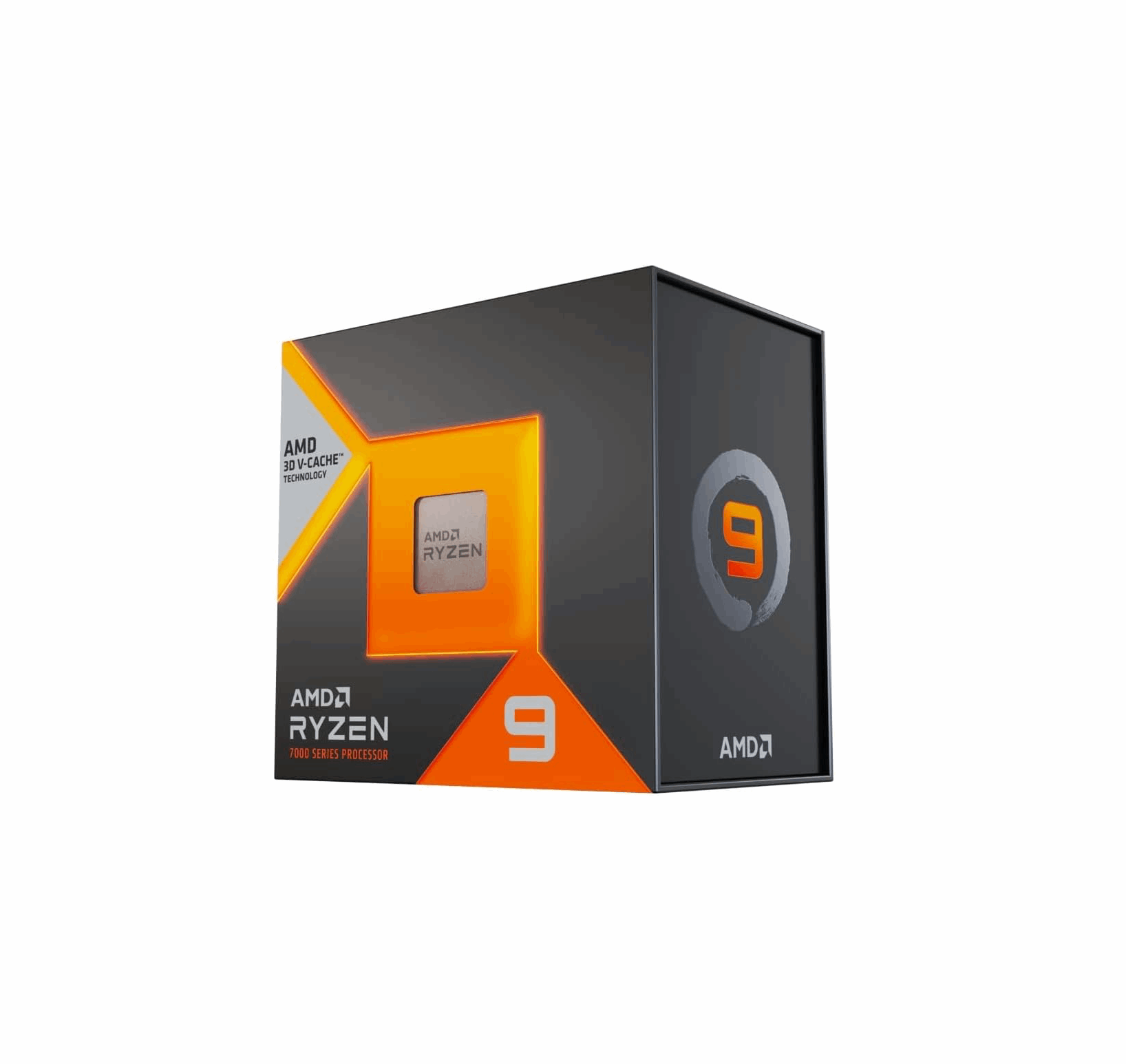 Vorderansicht der orange-grauen AMD Ryzen 9 7000 Series Verpackung mit dem markanten Ryzen 9 Logo.