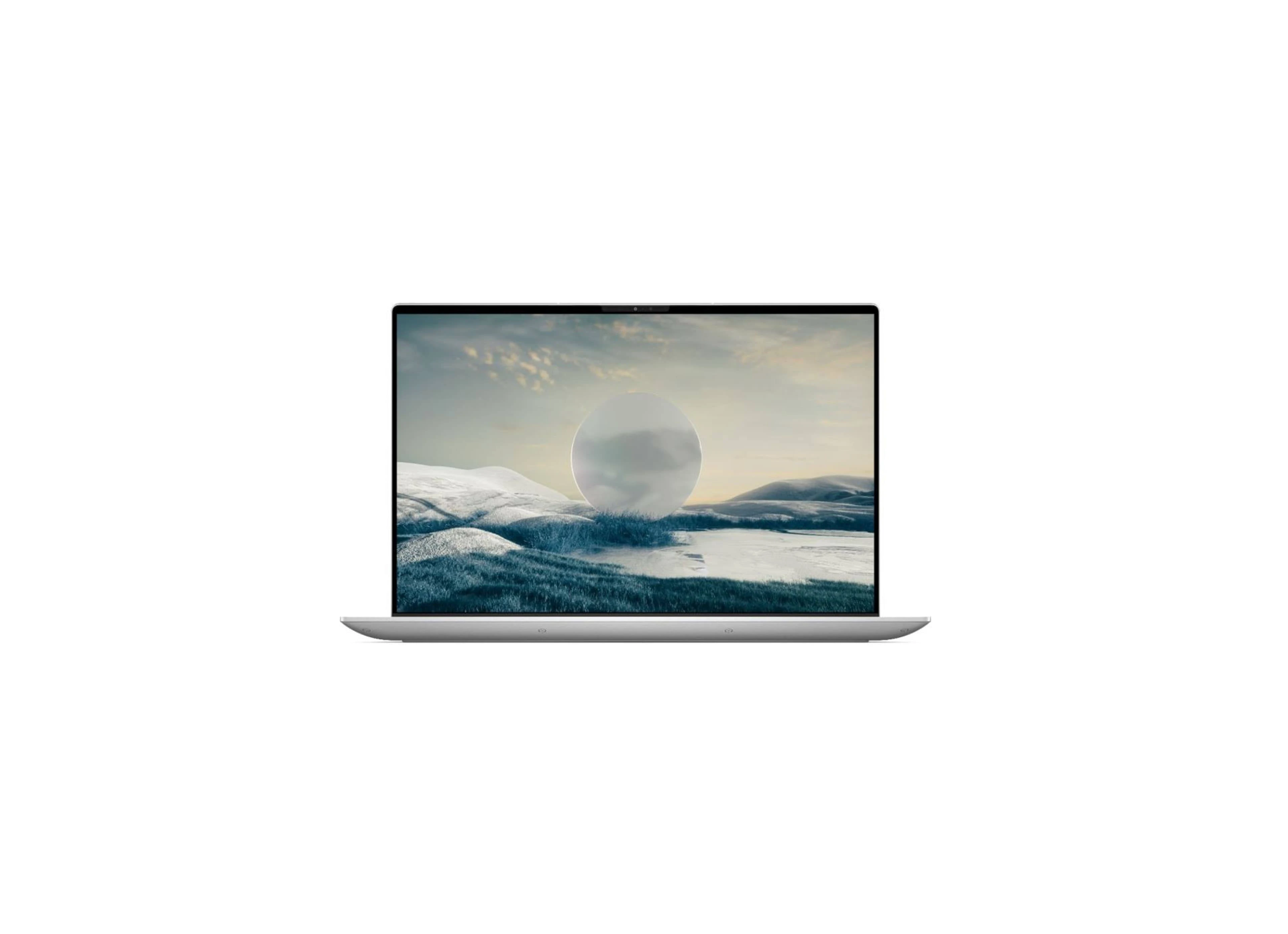 Frontansicht des silbernen Dell XPS Laptops im geöffneten Zustand. Das Display zeigt ein abstraktes Hintergrundbild mit einer hellen Kugel über einer schneebedeckten Hügellandschaft. Der Bildschirm hat extrem schmale Ränder.