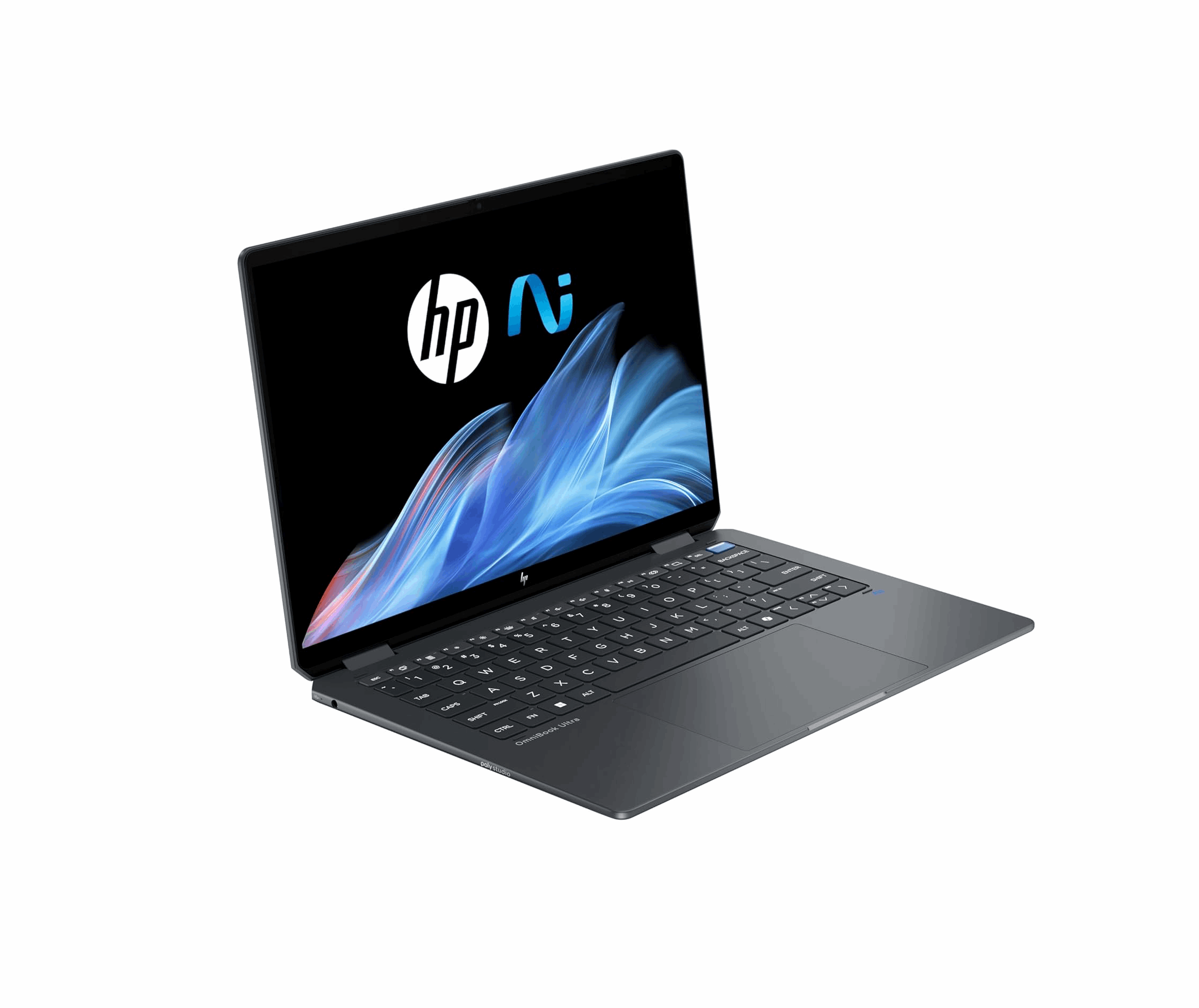 Schräge Ansicht des HP OmniBook Ultra Flip 14 Laptops, der geöffnet ist und das HP KI-Logo auf dem Display zeigt. Die dünne Bauweise und die Tastatur sind erkennbar.