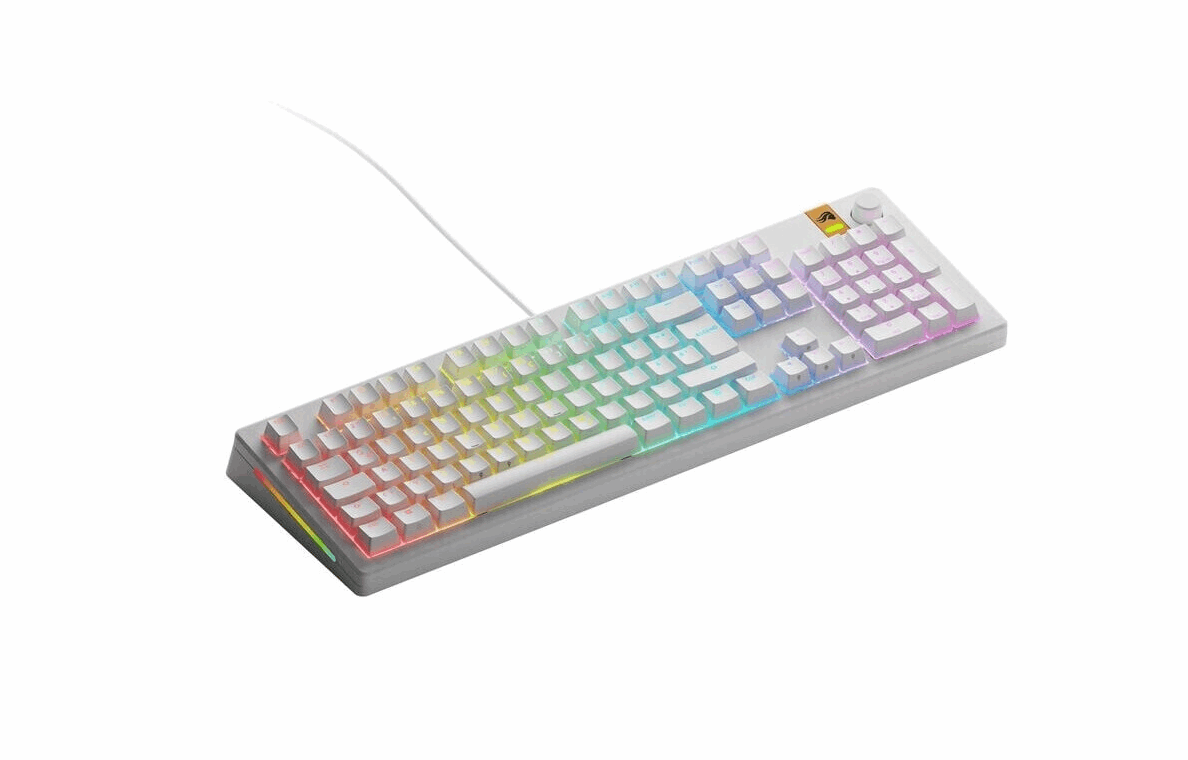 Glorious Gaming GMMK 3 HE 100 Custom Prebuilt mechanische Tastatur in Weiß mit White Fox HE Switches und deutschem QWERTZ-Layout seitlich