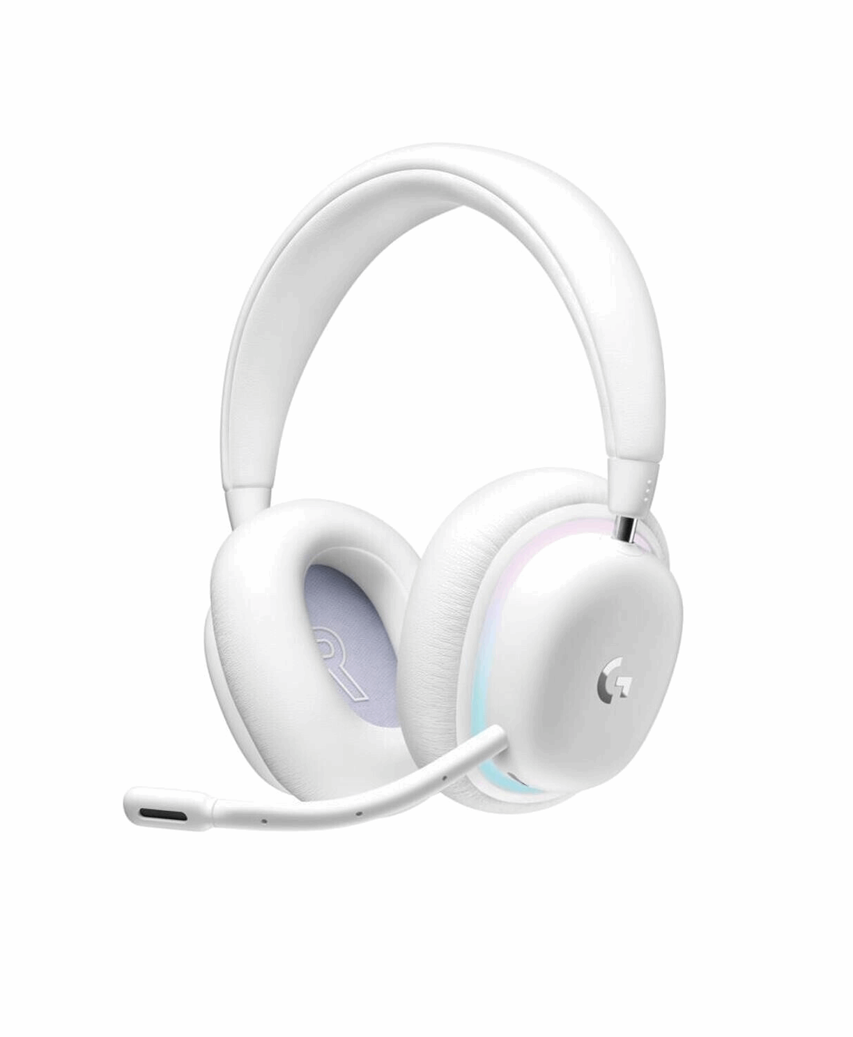 Das weiße, kabellose Gaming-Headset Logitech G735. Es verfügt über gepolsterte Ohrpolster, ein einstellbares Kopfbügel und ein abnehmbares Mikrofon. Die Außenseite der Ohrmuschel zeigt das beleuchtete Logitech G-Logo.