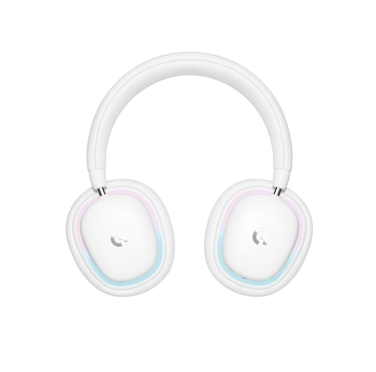 Draufsicht auf das weiße Logitech G735 Wireless Gaming Headset. Die beiden Ohrmuscheln, die jeweils das beleuchtete Logitech G-Logo zeigen, sind durch den gebogenen Kopfbügel verbunden. Eine dezente, mehrfarbige RGB-Beleuchtung umgibt die Außenseite der Muscheln.