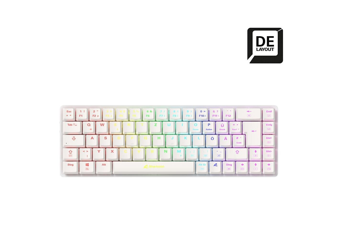 Vorderseite der Sharkoon PureWriter W65 Tastatur in Weiß mit deutschem QWERTZ-Layout.