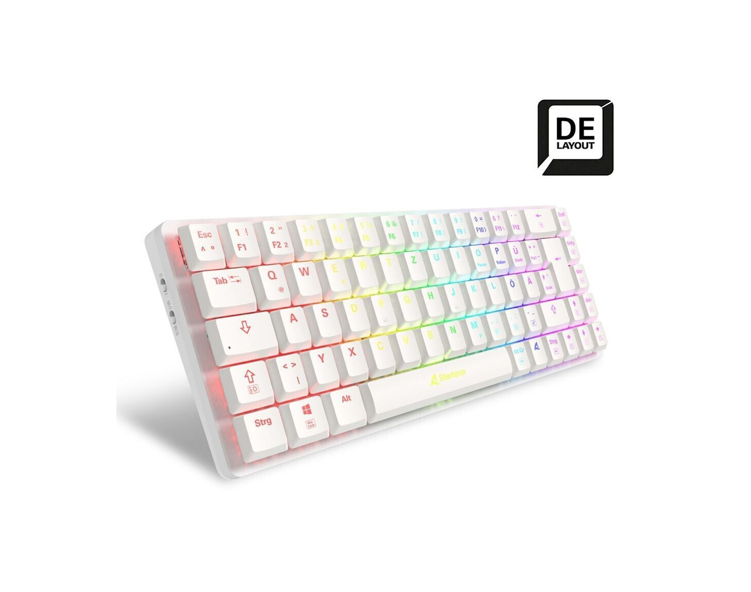 Die ultradünne Sharkoon PureWriter W65 Tastatur in Weiß, von der Seite gesehen, mit niedrigem Profil.