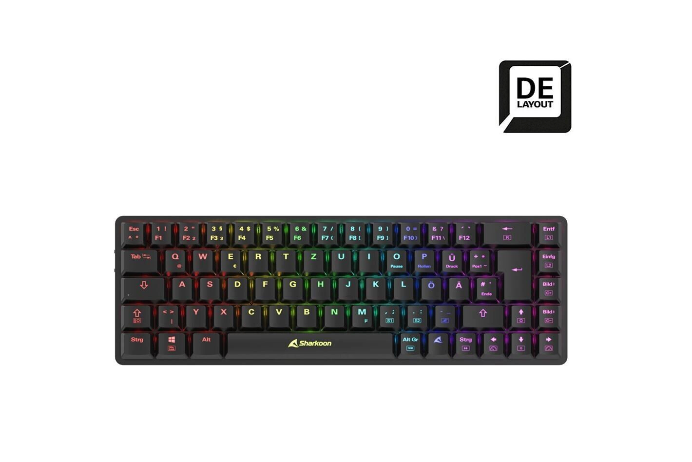 Vorderseite der Sharkoon PureWriter W65 Tastatur in Schwarz mit deutschem QWERTZ-Layout