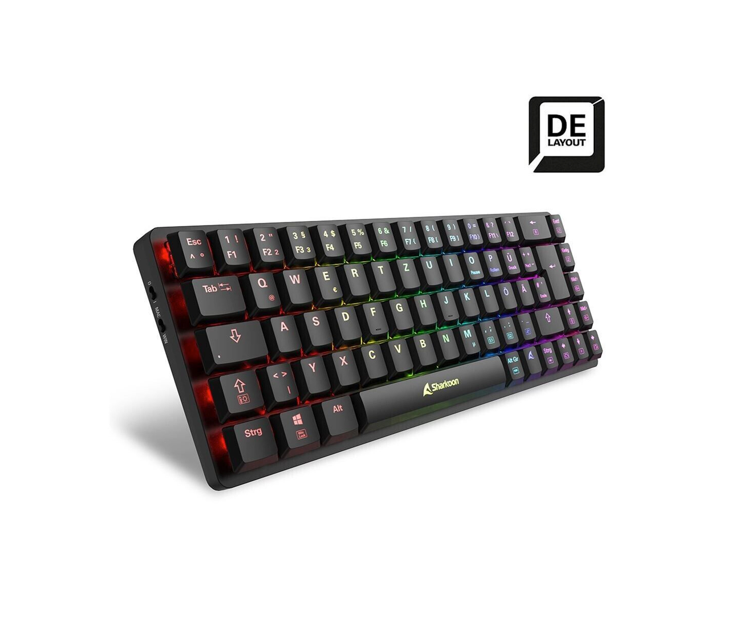 Die ultradünne Sharkoon PureWriter W65 Tastatur in Schwarz, von der Seite gesehen, mit niedrigem Profil