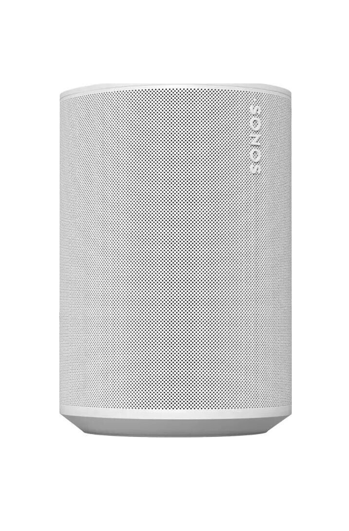 Der weiße Sonos Era 100 WLAN-Lautsprecher mit zylindrischem Design. Das Sonos-Logo ist auf der Vorderseite positioniert.