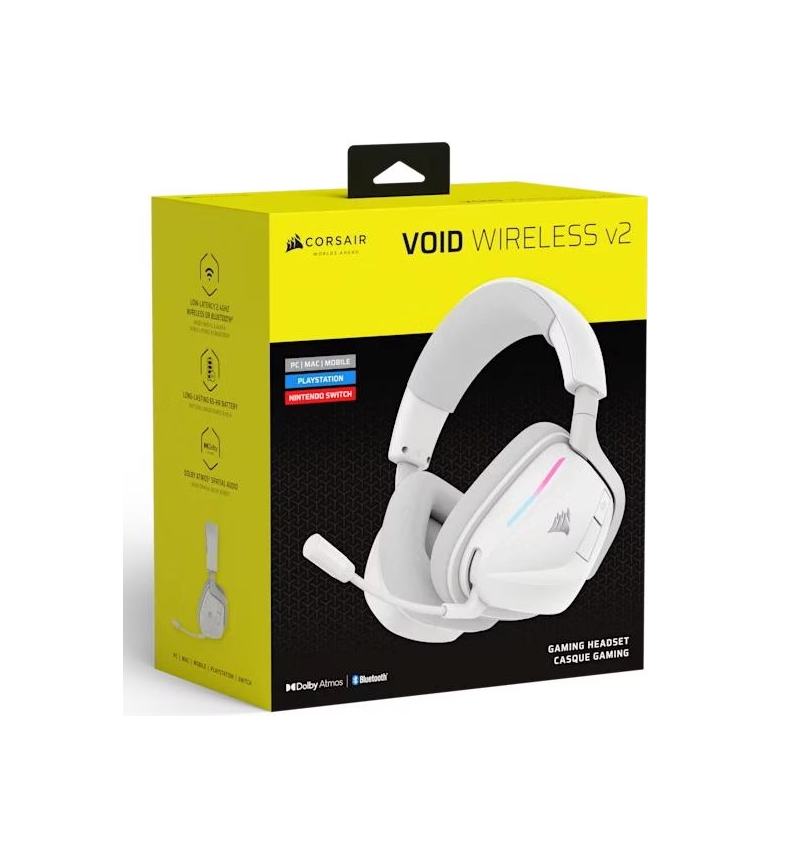 Corsair Void v2 Wireless Gaming-Headset mit Bluetooth für PC, PS5, PS4, Switch & Mobile – Dolby Atmos, 70 Stunden Akkulaufzeit, Duale Wireless, Schnelles Aufladen – Weiß