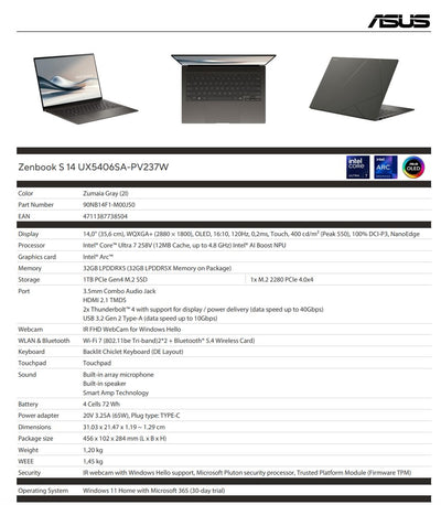 ASUS Zenbook S14 OLED UX5406SA | Copilot + PC | 14" 2,8K OLED, Intel Core Ultra 7 258V, 32GB RAM, 1 TB SSD, W11H