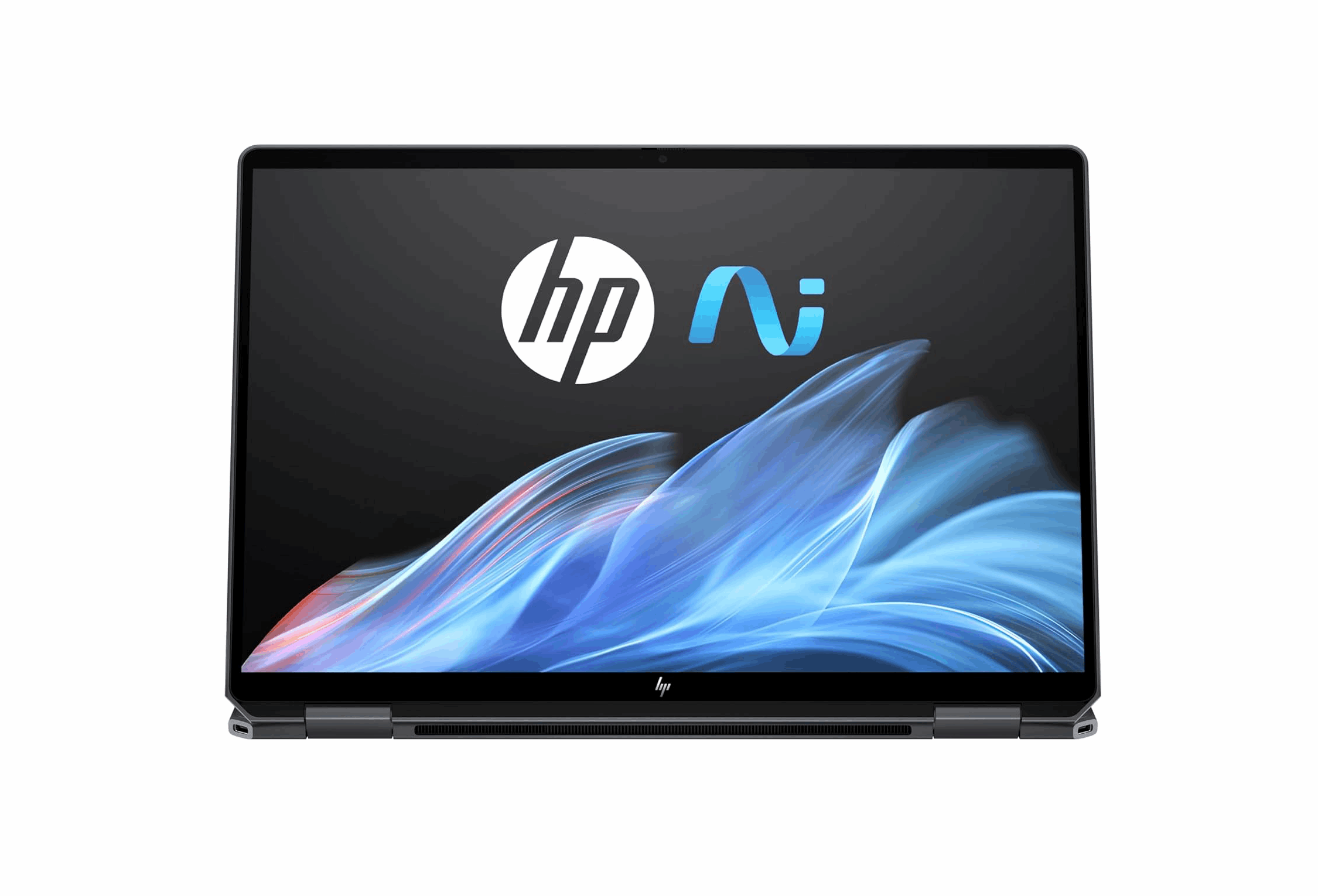 HP OmniBook Ultra Flip 14 im Tablet-Modus oder stark nach hinten geklappt, sodass nur das Display mit dem HP KI-Logo sichtbar ist.