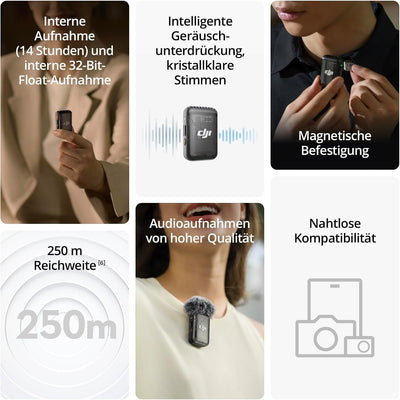 DJI Mic 2 (1 Sender + 1 Empfänger), kabelloses Mikrofon mit intelligenter Rauschunterdrückung
