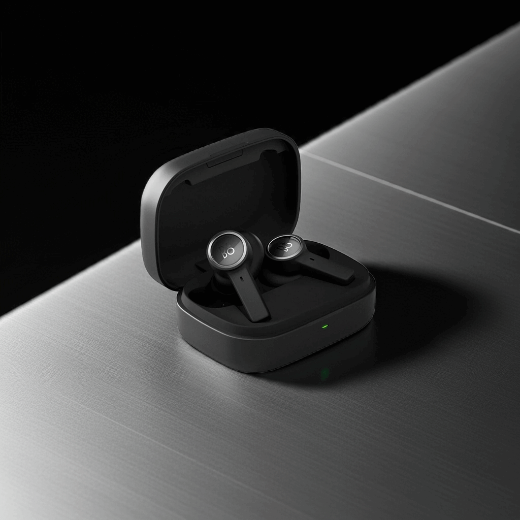 Nahaufnahme des geöffneten, mattschwarzen Ladeetuis der Bang & Olufsen BeoPlay EX Kopfhörer, platziert auf einer strukturierten, metallischen Oberfläche. Die beiden anthrazitfarbenen Ohrhörer mit ihren silbernen 'B&O'-Logoplaketten liegen im Etui, das eine kleine grüne Ladeanzeige zeigt