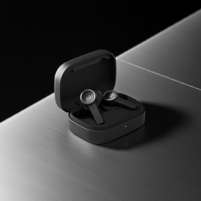 Nahaufnahme des geöffneten, mattschwarzen Ladeetuis der Bang & Olufsen BeoPlay EX Kopfhörer, platziert auf einer strukturierten, metallischen Oberfläche. Die beiden anthrazitfarbenen Ohrhörer mit ihren silbernen 'B&O'-Logoplaketten liegen im Etui, das eine kleine grüne Ladeanzeige zeigt