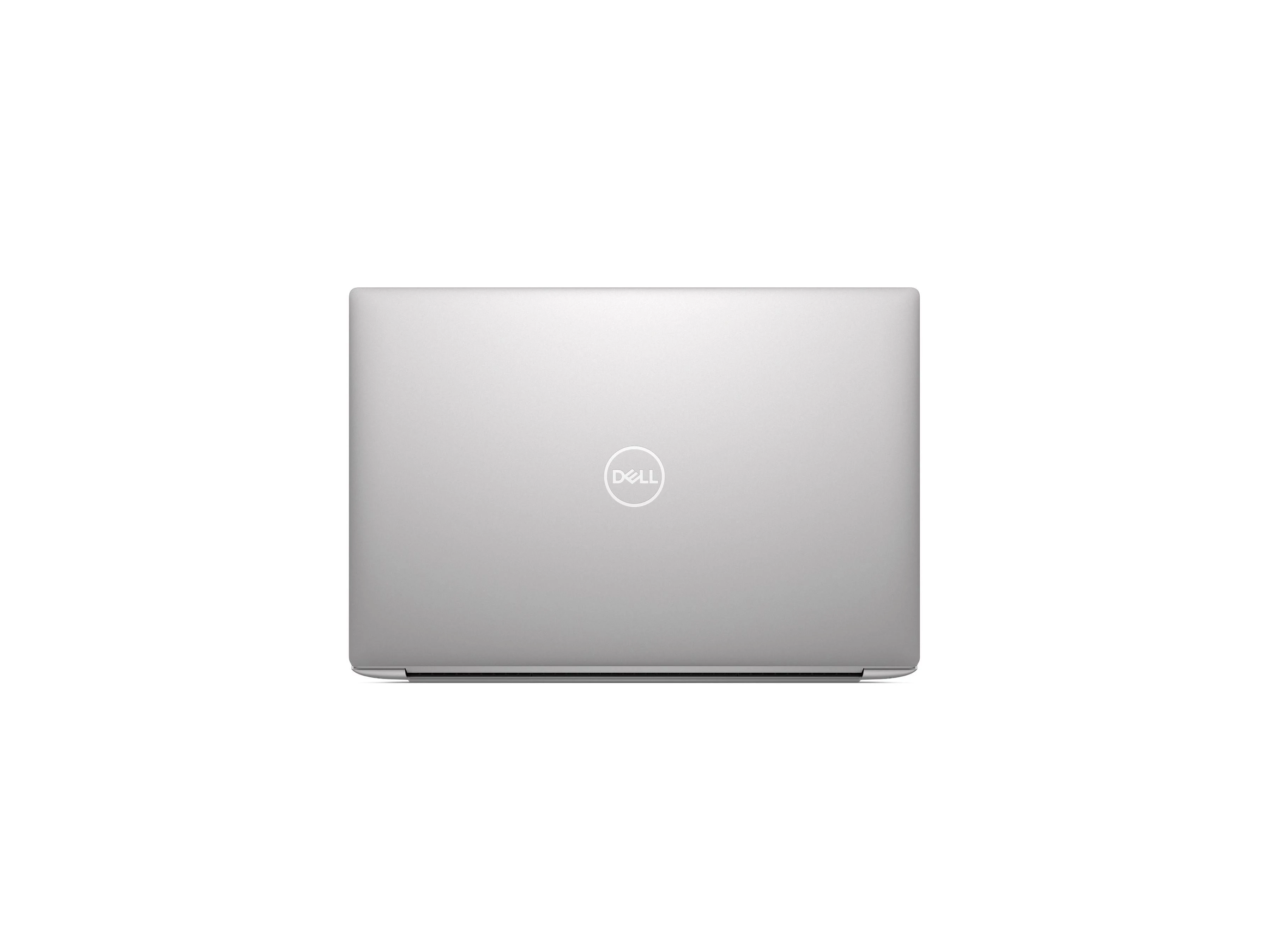 Die geschlossene Rückseite eines silbernen Dell Laptops. In der Mitte des Aluminium-Deckels befindet sich das kreisförmige, spiegelnde Dell-Logo. Das Design ist minimalistisch und matt-silbern.
