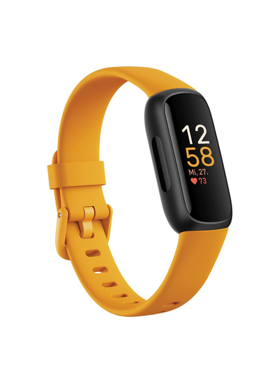 Fitbit Inspire 3 Fitness-Tracker in leuchtendem Morgensonne-Gelb und klassischem Schwarz.