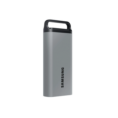 Die Samsung Portable SSD T5 Evo mit 2 TB in Grau, von der Seite gezeigt, betont ihr kompaktes Design