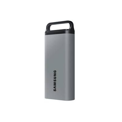 Seitliche Ansicht der Samsung Portable SSD T5 Evo mit 2 TB in Grau.