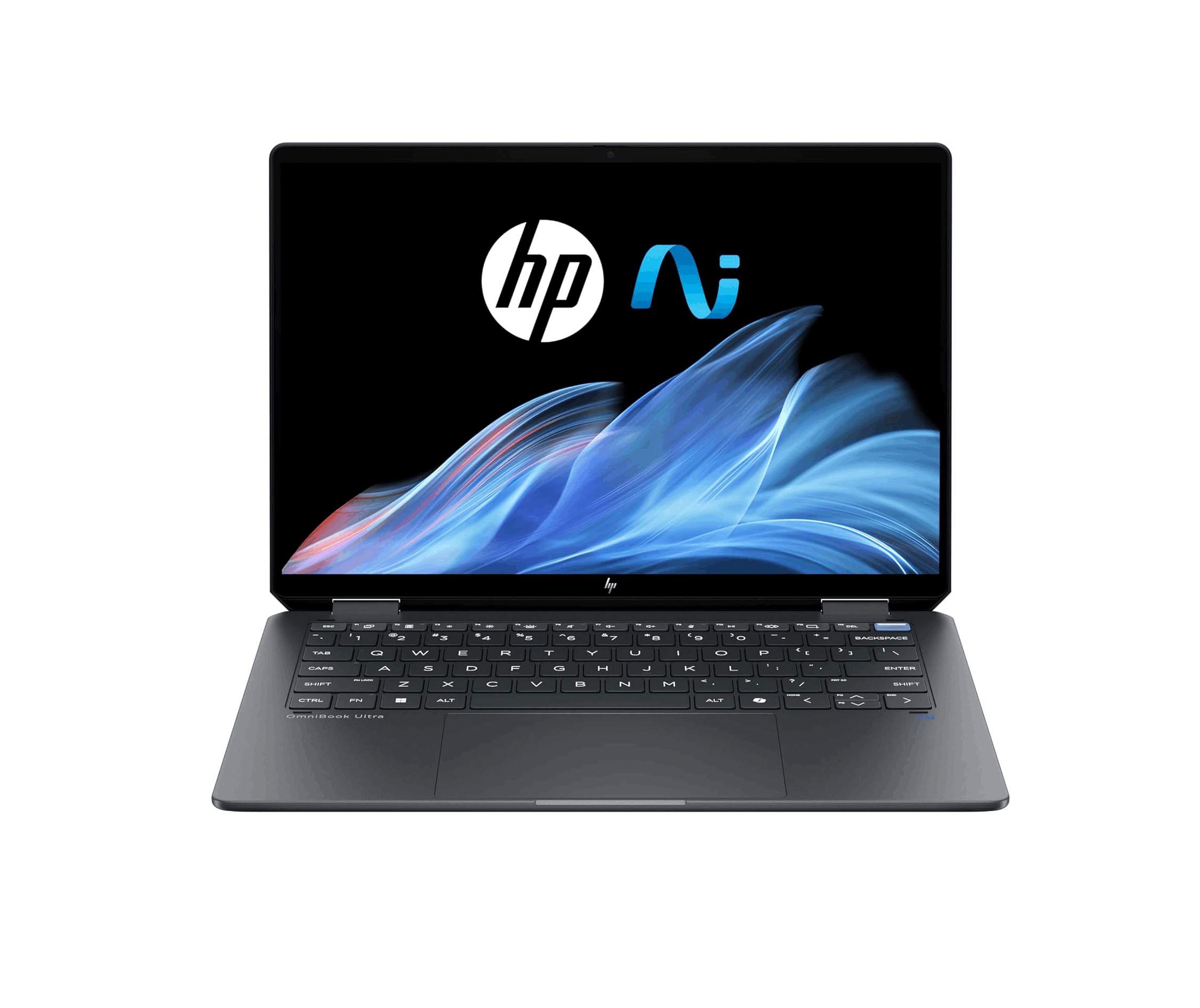 "HP OmniBook Ultra Flip 14 Laptop frontal dargestellt, mit beleuchtetem Bildschirm, der das HP KI-Logo (HP mit einem stilisierten blauen 'AI'-Symbol) über einem abstrakten blauen Hintergrund zeigt. Die Tastatur und das Touchpad sind sichtbar.