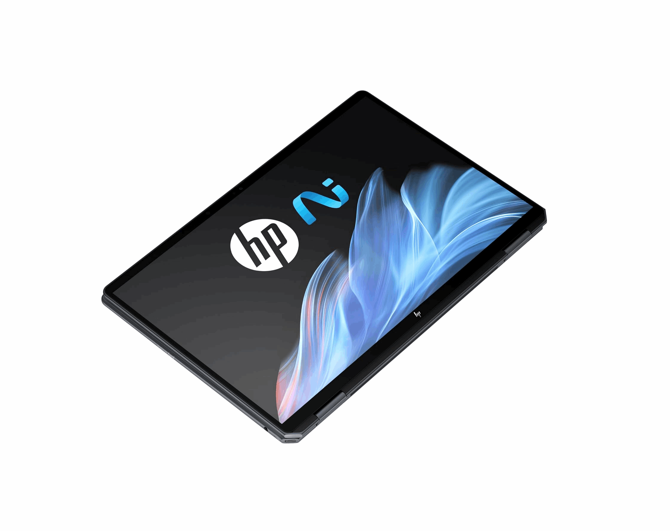HP OmniBook Ultra Flip 14 im Tablet-Modus stark nach hinten geklappt, sodass nur die Oberseite des Bildschirms mit dem HP KI-Logo sichtbar ist.