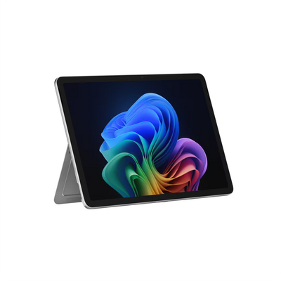 Microsoft Suface Pro Tablet mit ausgeklapptem Ständer, das ein farbenfrohes, abstraktes Wellen-Hintergrundbild auf dem LCD Display zeigt.