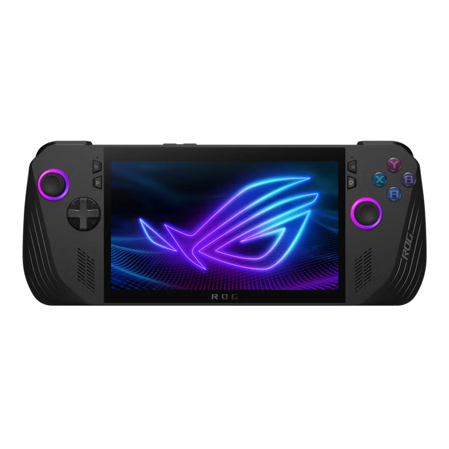 Frontalansicht des schwarzen Handheld-Gaming-PCs Asus ROG Ally X. Das Gerät verfügt über ein zentrales Display, das das ROG-Logo in Neonblau und Violett zeigt, sowie Bedienelemente auf beiden Seiten, einschließlich Joysticks mit lila-pinker Beleuchtung, einem Steuerkreuz und den ABXY-Tasten.