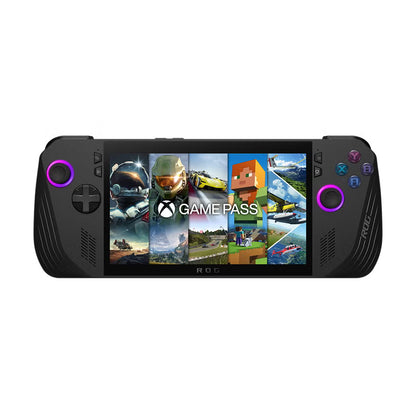 Frontalansicht des schwarzen Asus ROG Ally X Handheld-Gaming-PCs. Das Display zeigt das Xbox Game Pass Menü mit Kacheln beliebter Spiele wie Halo und Minecraft, eingerahmt von Bedienelementen mit lila beleuchteten Joystick-Ringen.