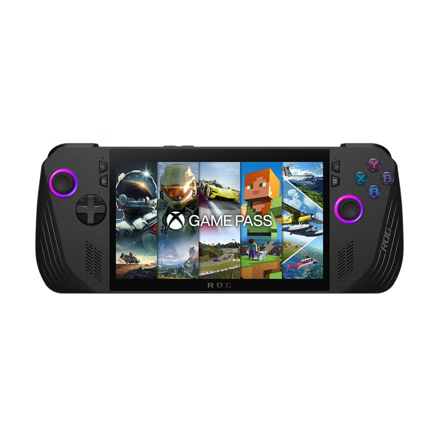 Frontalansicht des schwarzen Asus ROG Ally X Handheld-Gaming-PCs. Das Display zeigt das Xbox Game Pass Menü mit Kacheln beliebter Spiele wie Halo und Minecraft, eingerahmt von Bedienelementen mit lila beleuchteten Joystick-Ringen.
