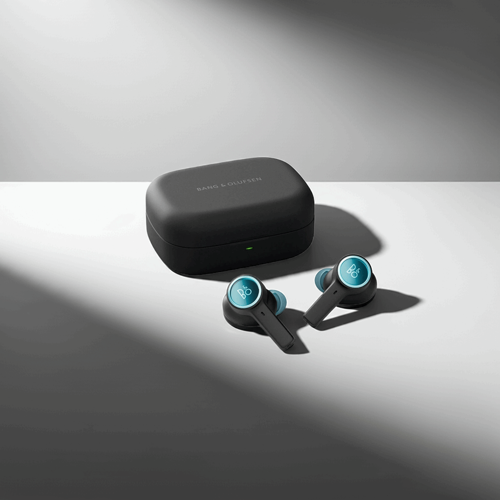 Bang & Olufsen BeoPlay EX True Wireless In-Ear-Kopfhörer in der Farbe Anthracite/Oxygen, die neben ihrem passenden Ladeetui liegen. Die Ohrhörer haben türkisfarbene (Oxygen) Akzente und zeigen das silberne 'B&O'-Logo.