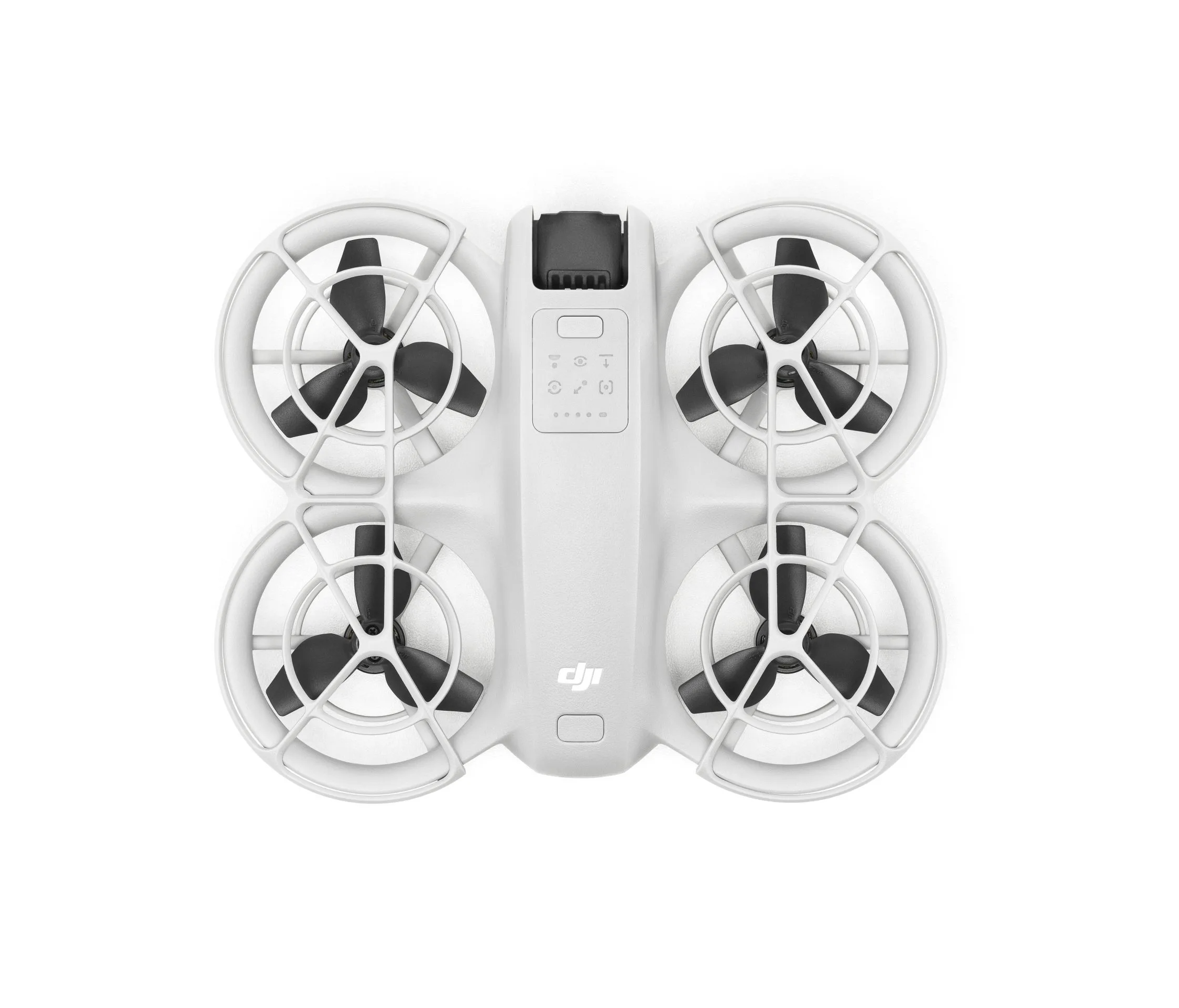 Die DJI Neo Drohne von unten gesehen mit Propellern, Sensoren und Knöpfe