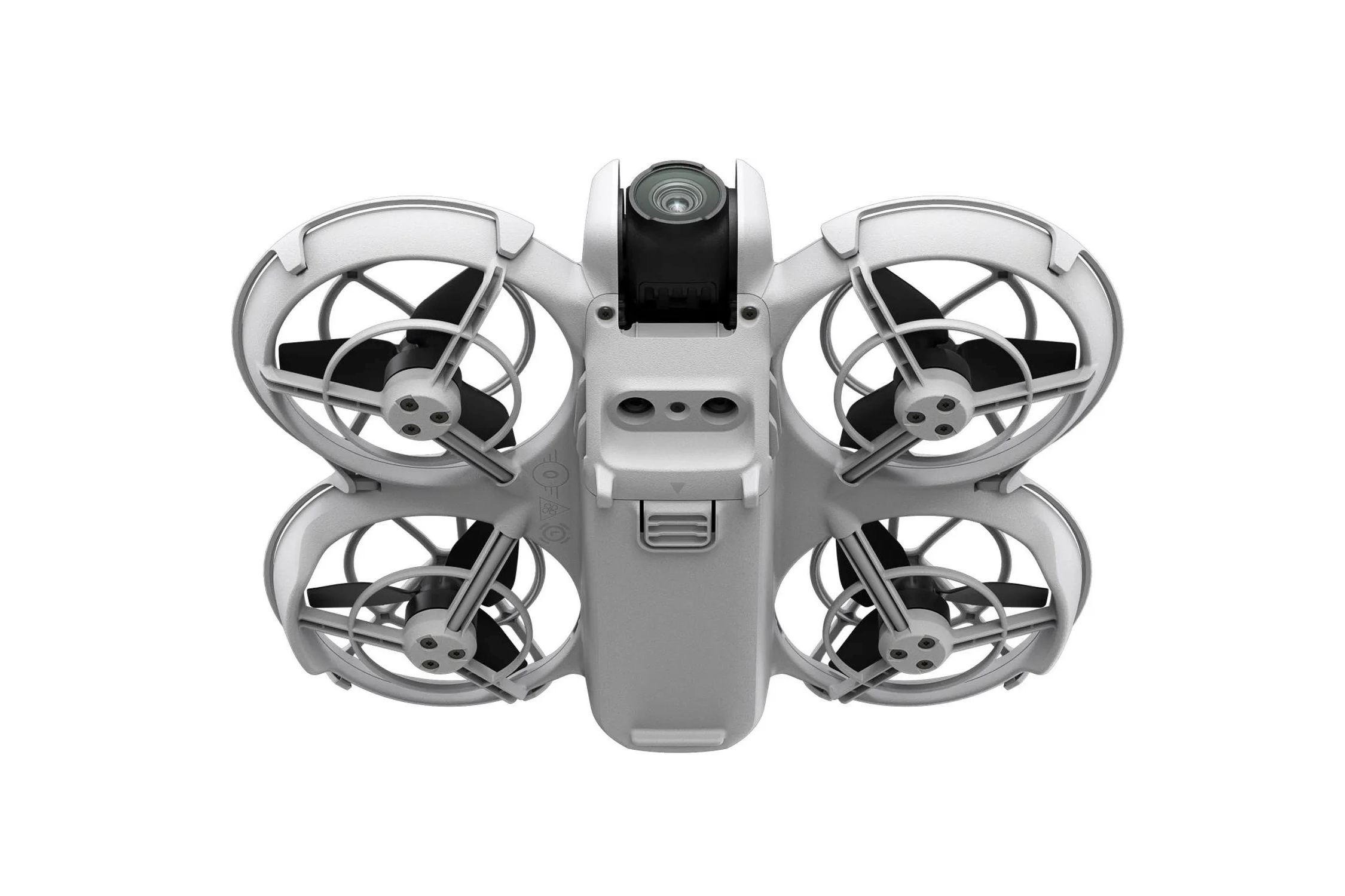 Unterseite der DJI Neo Drohne mit Propellern und Sensoren.