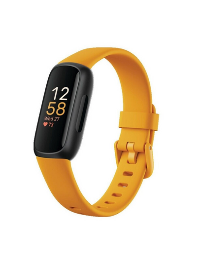 Seitliche Fitbit Inspire 3 Fitness-Tracker mit gelbem Morgensonne-Armband.