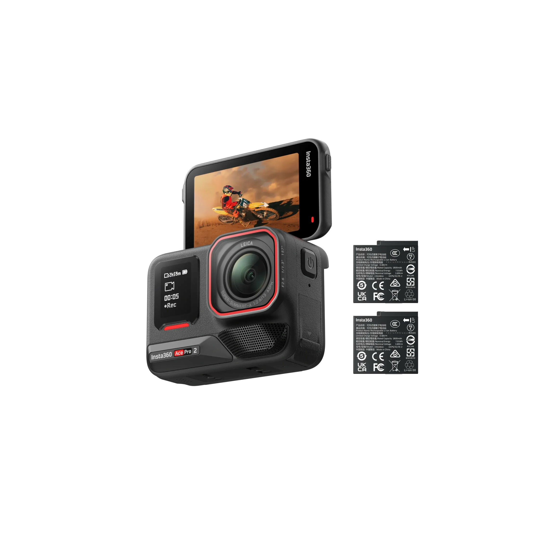 Insta360 Ace Pro 2 Action-Kamera im Doppel-Akku-Bundle mit zwei zusätzlichen Akkus.