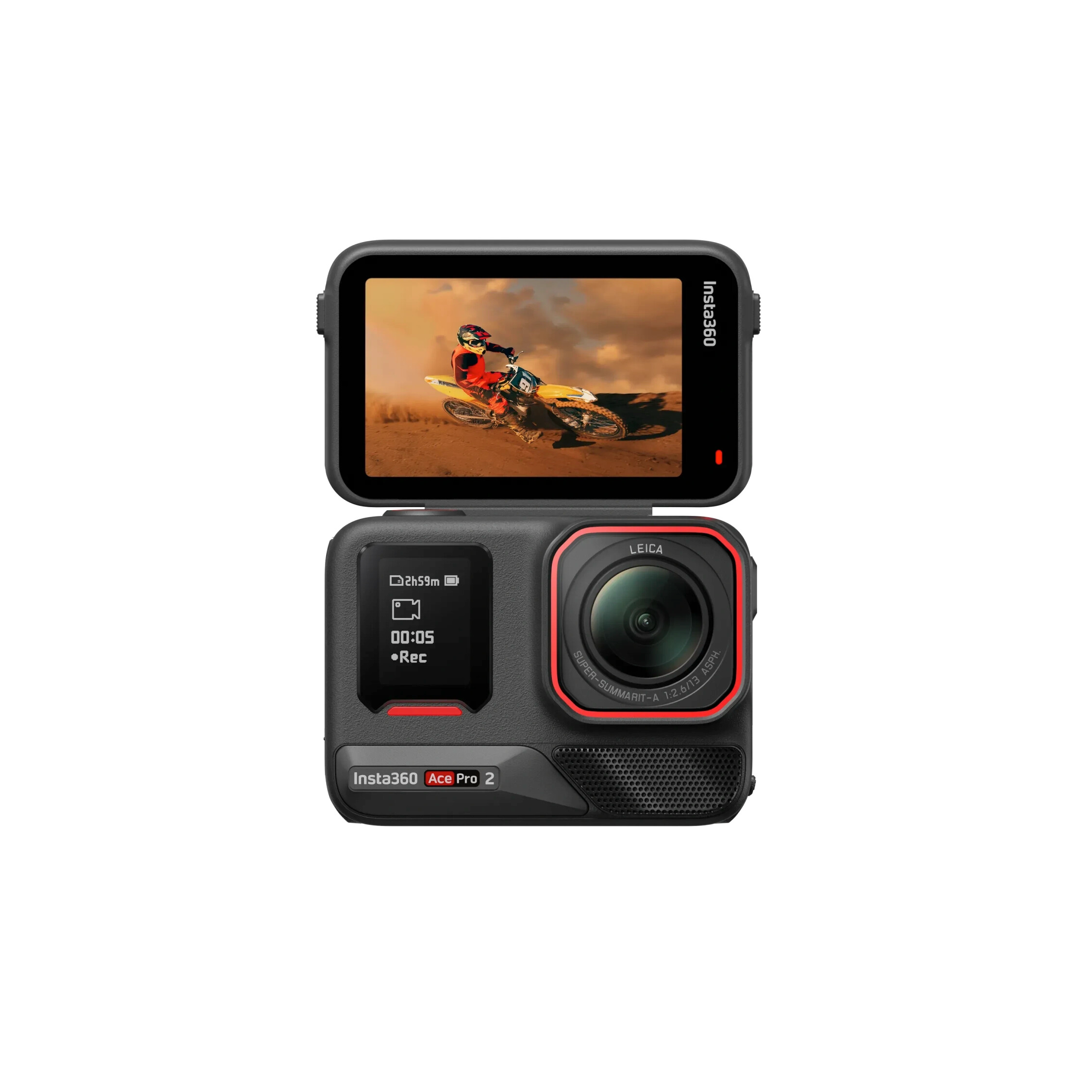 Vorderseite der Insta360 Ace Pro 2 Action-Kamera mit aufgeklapptem Display