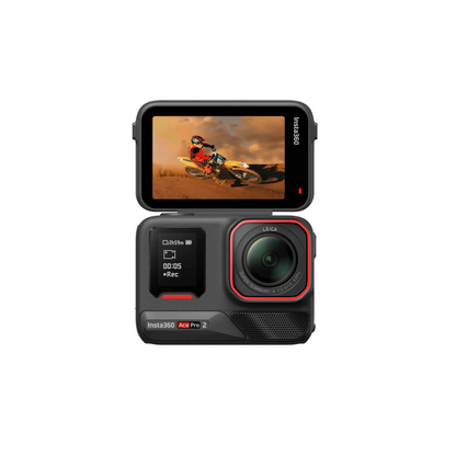 Vorderseite der Insta360 Ace Pro 2 Action-Kamera mit aufgeklapptem Display