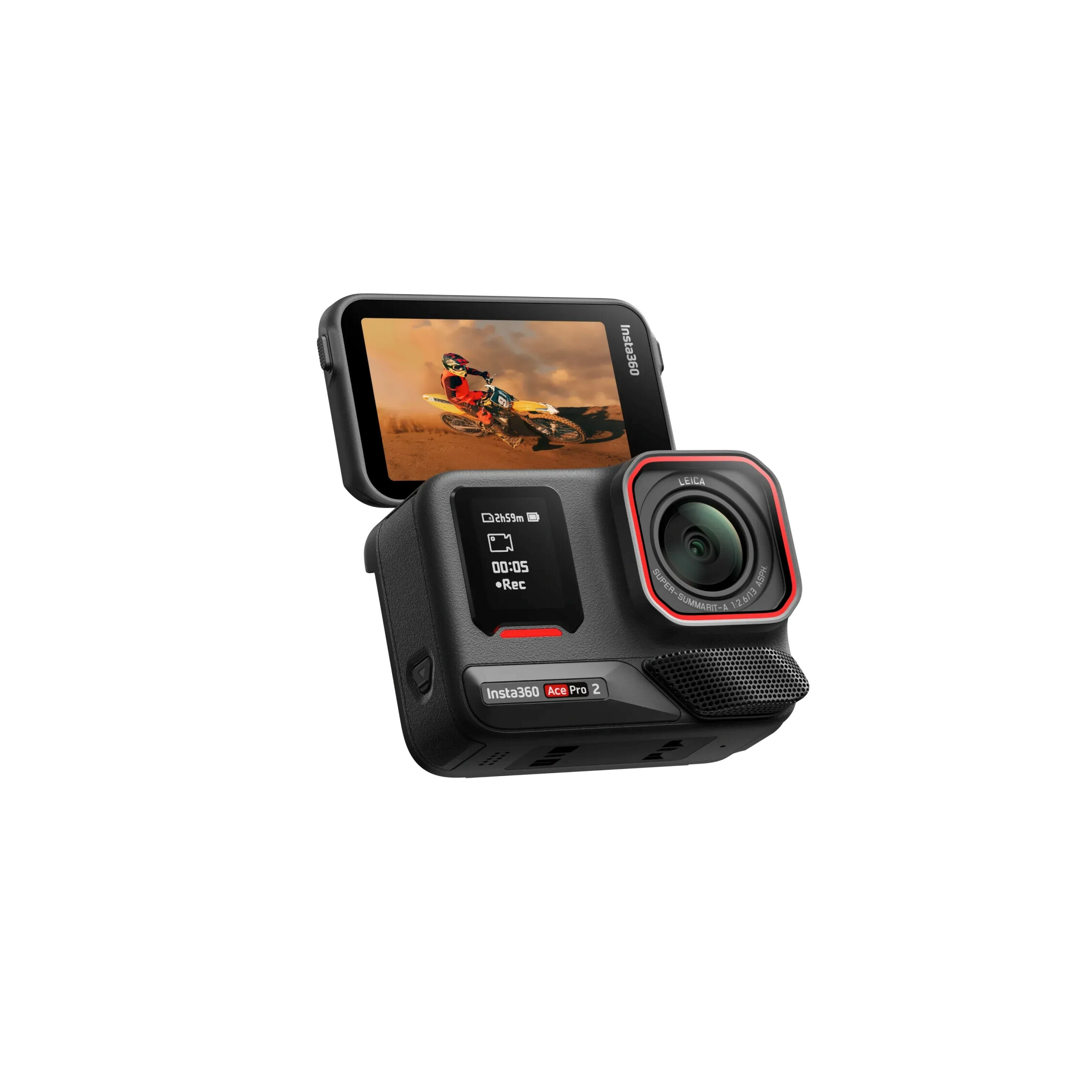 Insta360 Ace Pro 2 von vorne, zeigt die Flexibilität ihrer aufgeklappten Displays.