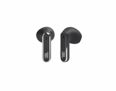 JBL Live Flex In-Ear Kopfhörer in Schwarz mit glänzenden Akzenten und Stick-Open-Design.