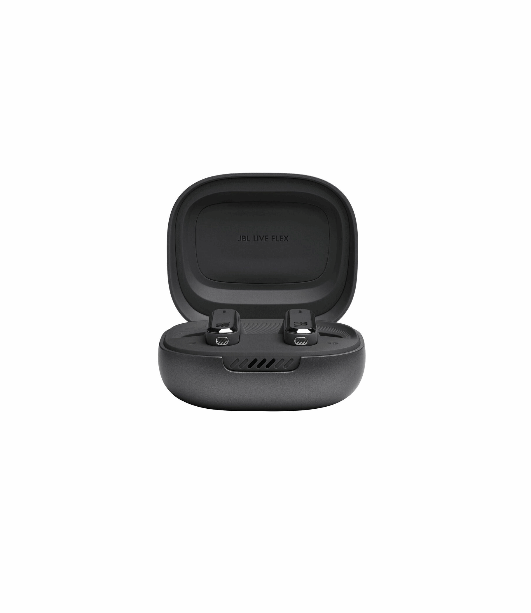 Schwarze JBL Live Flex True Wireless Ohrhörer im geöffneten Ladecase in der Vorderansicht.