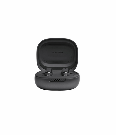 Schwarze JBL Live Flex True Wireless Ohrhörer im geöffneten Ladecase in der Vorderansicht.