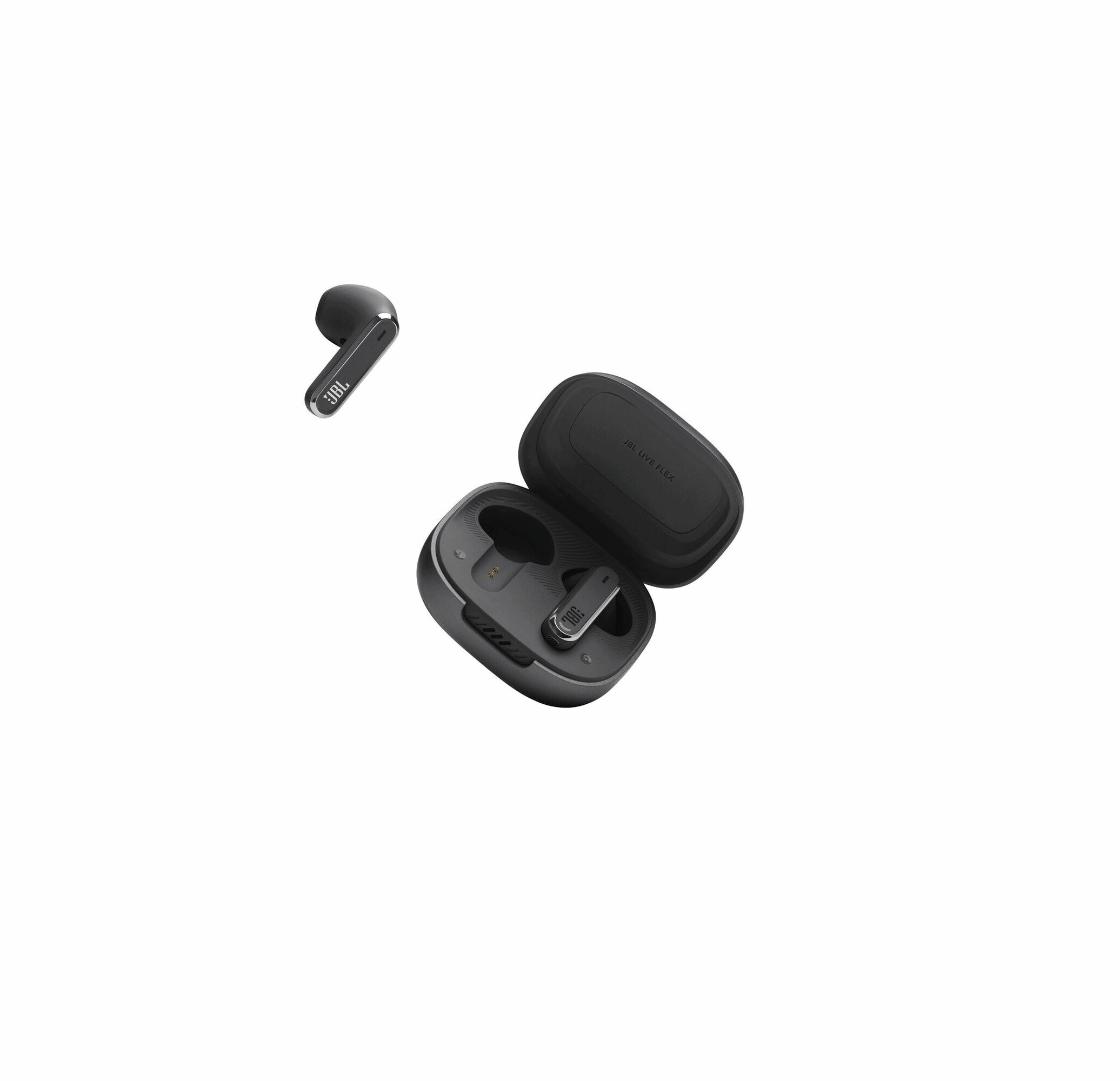 Schwarze JBL Live Flex True Wireless Ohrhörer im geöffneten Ladecase in der Vorderansicht.