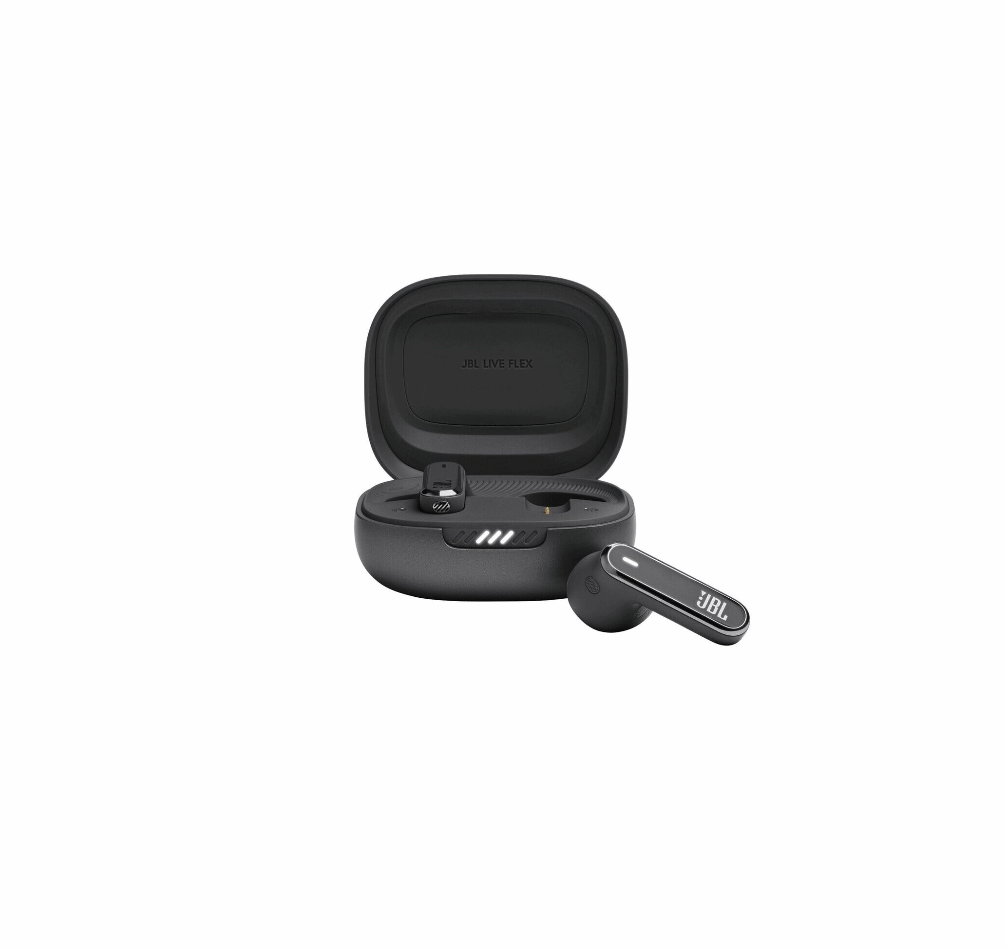 Schwarze JBL Live Flex True Wireless Ohrhörer im geöffneten Ladecase in der Vorderansicht.