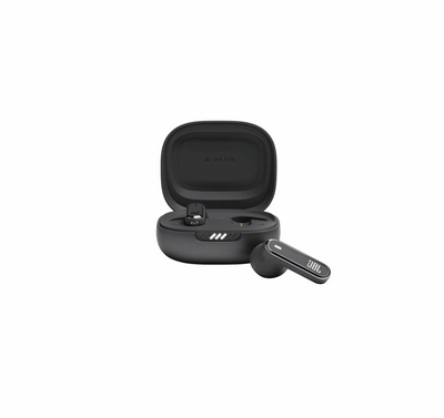 Schwarze JBL Live Flex True Wireless Ohrhörer im geöffneten Ladecase in der Vorderansicht.