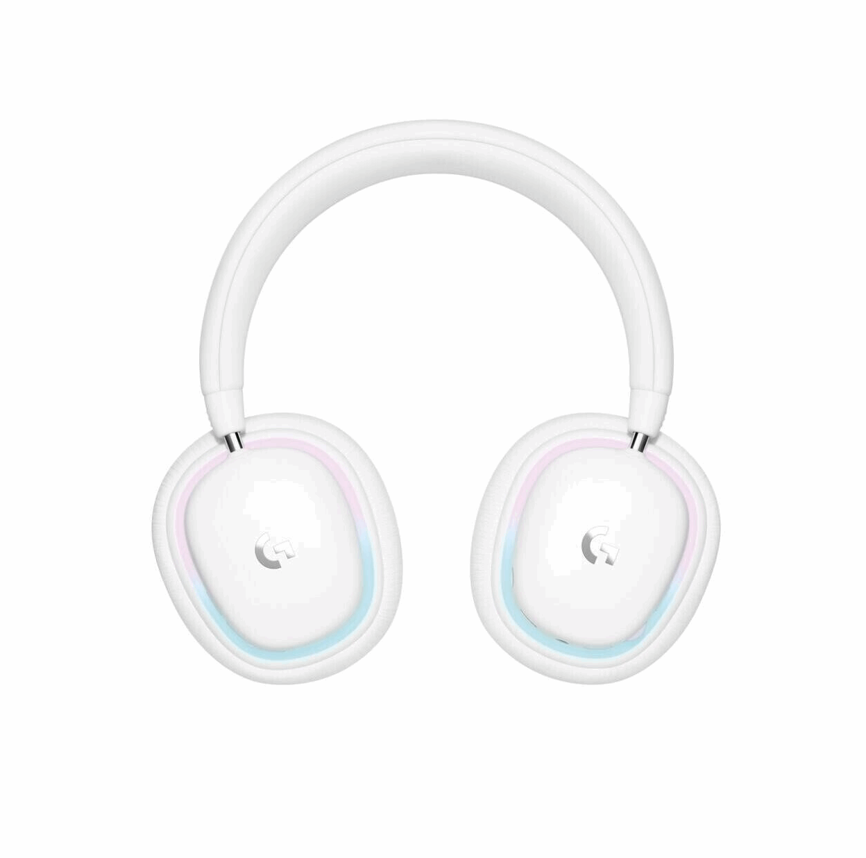 Draufsicht auf das weiße Logitech G735 Wireless Gaming Headset. Die beiden Ohrmuscheln, die jeweils das beleuchtete Logitech G-Logo zeigen, sind durch den gebogenen Kopfbügel verbunden. Eine dezente, mehrfarbige RGB-Beleuchtung umgibt die Außenseite der Muscheln.