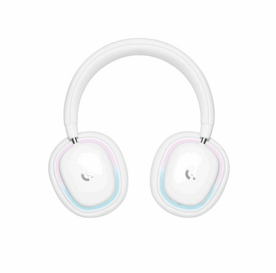 Draufsicht auf das weiße Logitech G735 Wireless Gaming Headset. Die beiden Ohrmuscheln, die jeweils das beleuchtete Logitech G-Logo zeigen, sind durch den gebogenen Kopfbügel verbunden. Eine dezente, mehrfarbige RGB-Beleuchtung umgibt die Außenseite der Muscheln.