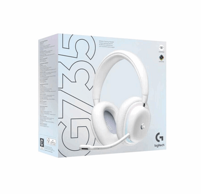 Die weiße Produktverpackung des Logitech G735 Wireless Gaming Headsets. Das Bild zeigt eine große, schemenhafte Darstellung des Headsets auf der linken Seite und eine realistische Abbildung des weißen Headsets mit Mikrofon und Logitech G-Logo auf der rechten Seite. Die Verpackung enthält auch Spezifikationsdetails.
