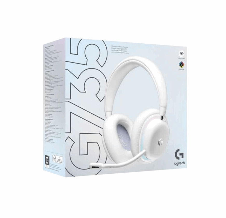 Die weiße Produktverpackung des Logitech G735 Wireless Gaming Headsets. Das Bild zeigt eine große, schemenhafte Darstellung des Headsets auf der linken Seite und eine realistische Abbildung des weißen Headsets mit Mikrofon und Logitech G-Logo auf der rechten Seite. Die Verpackung enthält auch Spezifikationsdetails.