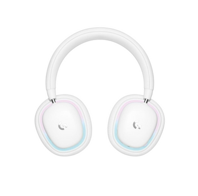 Draufsicht auf das weiße Logitech G735 Wireless Gaming Headset. Die beiden Ohrmuscheln, die jeweils das beleuchtete Logitech G-Logo zeigen, sind durch den gebogenen Kopfbügel verbunden. Eine dezente, mehrfarbige RGB-Beleuchtung umgibt die Außenseite der Muscheln.
