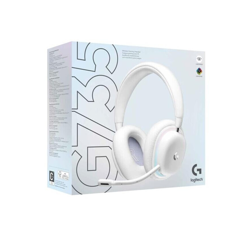 Die weiße Produktverpackung des Logitech G735 Wireless Gaming Headsets. Das Bild zeigt eine große, schemenhafte Darstellung des Headsets auf der linken Seite und eine realistische Abbildung des weißen Headsets mit Mikrofon und Logitech G-Logo auf der rechten Seite. Die Verpackung enthält auch Spezifikationsdetails.
