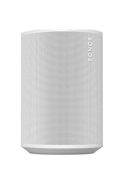 Der weiße Sonos Era 100 WLAN-Lautsprecher mit zylindrischem Design. Das Sonos-Logo ist auf der Vorderseite positioniert.