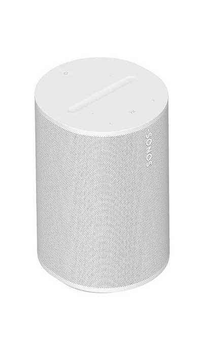 Draufsicht auf den weißen Sonos Era 100 Lautsprecher. Die Oberseite zeigt eine Touch-Bedienfläche mit einer länglichen Leiste und Bediensymbolen. Die Seitenwand ist mit einem feinen Lochgitter bedeckt und trägt das vertikale Sonos-Logo.